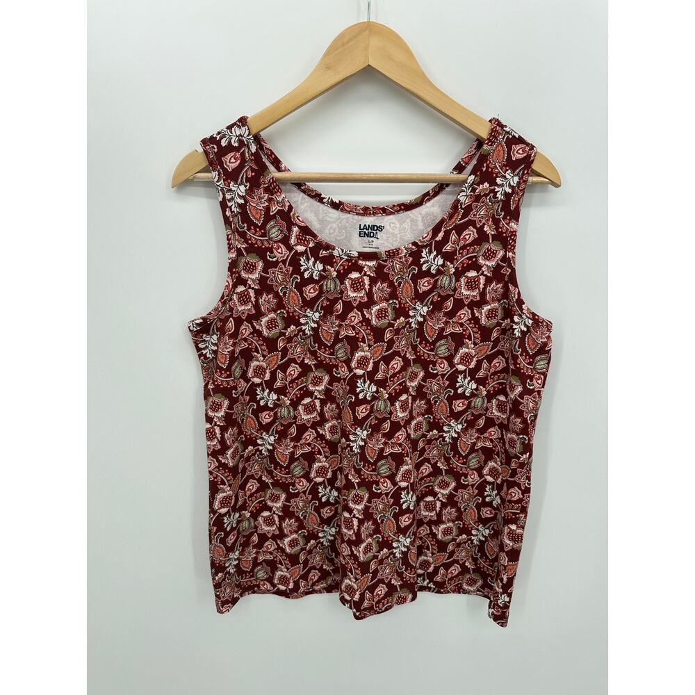 Lands End Tank Top Womens Size LP Red Fall Floral Cotton Stretch Casual‎ Basic
